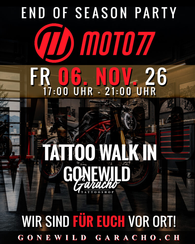 Flyer Tattoo Walk-In an der End of Season Party von Moto77 am 6. November 2026